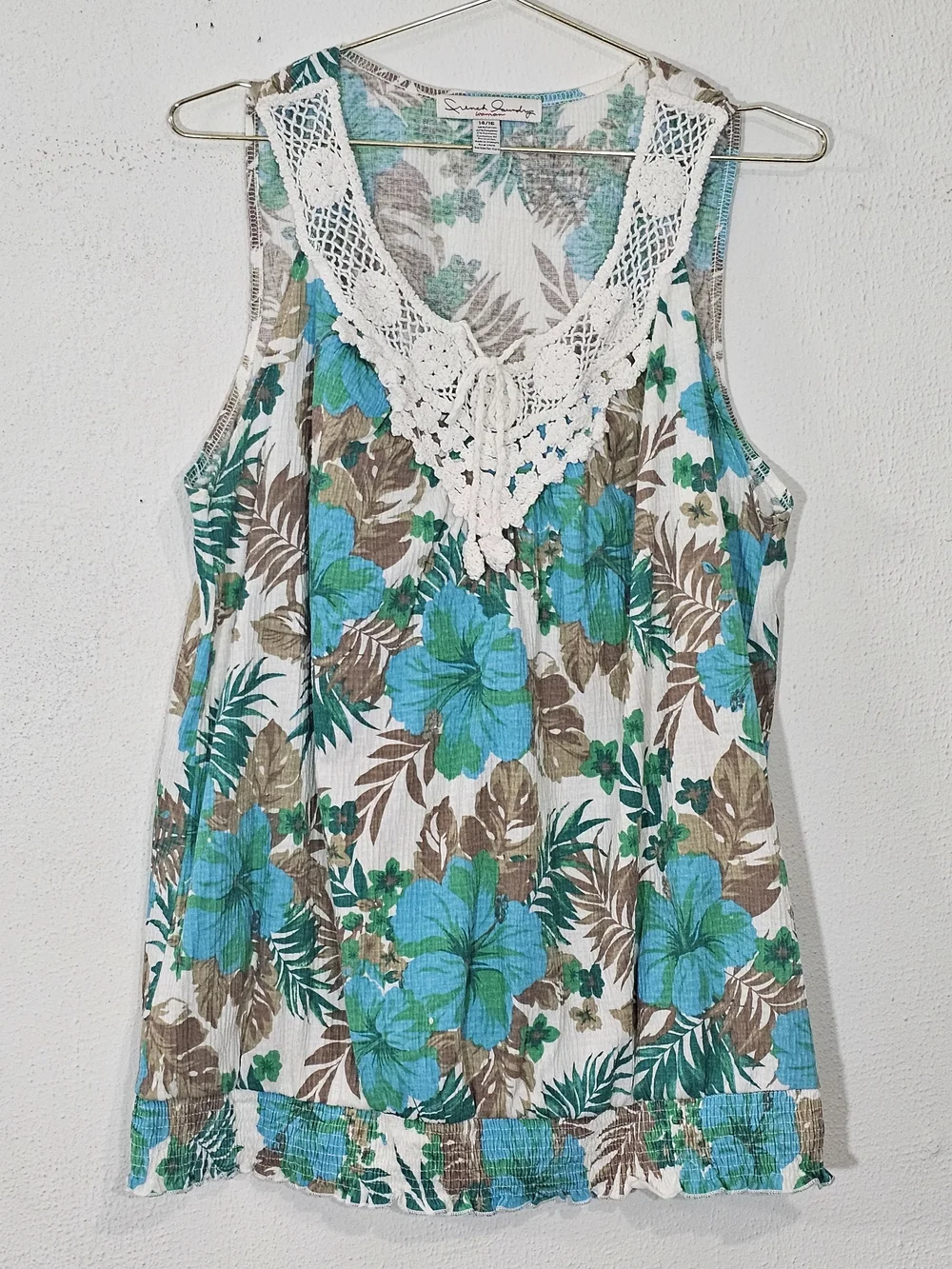 French Laundry Woman 14/16 Blue Tropical Floral Crochet Lace Tank Top Y2K Boho - Picture 4 of 10